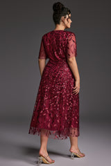 Curveins Plus Size V-Neck Ruffle Sleeve Embroidered Maxi Dress