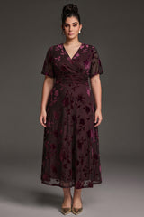 Curveins Plus Size Velvet Surplice Vintage Plain Maxi Dress