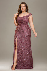 Curveins Plus Size V Neck Side Slit Spaghetti Strap Sequin Fitted Maxi Dress