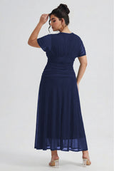 Curveins Plus Size V Neck Batwing Sleeve Cinched Waist Maxi Dress
