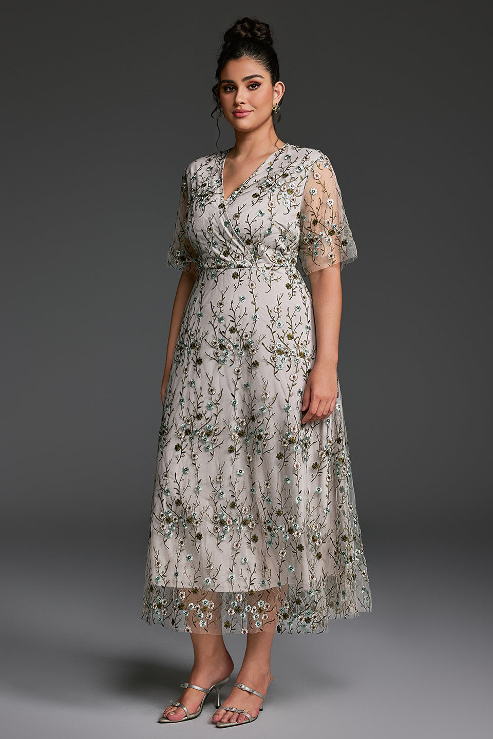 Curveins Plus Size V-Neck Ruffle Sleeve Embroidered Maxi Dress