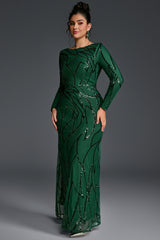 Curveins Plus Size Round Neck Long Sleeve Textured Sequin Bodycon Maxi Dress