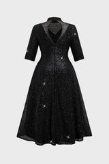 Curveins Plus Size V-Neck Half Sleeve Sequin Cocktail Midi Dress