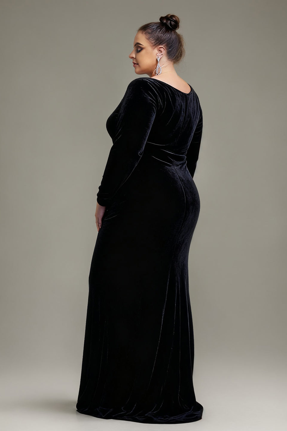 Curveins Plus Size V-Neck Long Sleeve Split Bodycon Maxi Dress