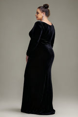 Curveins Plus Size V-Neck Long Sleeve Split Bodycon Maxi Dress