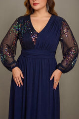 Curveins Plus Size V Neck Long Sleeve Sequin Cinched Waist Elegant Maxi Dress