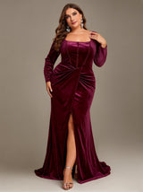 Curveins Plus Size Square Neck Long Sleeves Ruched Bodycon Maxi Dress