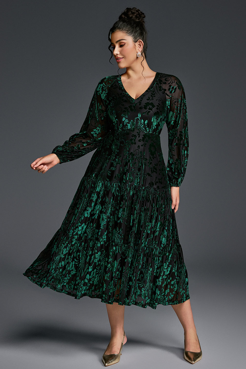 Curveins Plus Size V-Neck Flowy Bell Sleeves Pleated Velvet Midi Dress