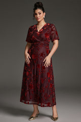 Curveins Plus Size Velvet Surplice Vintage Plain Maxi Dress