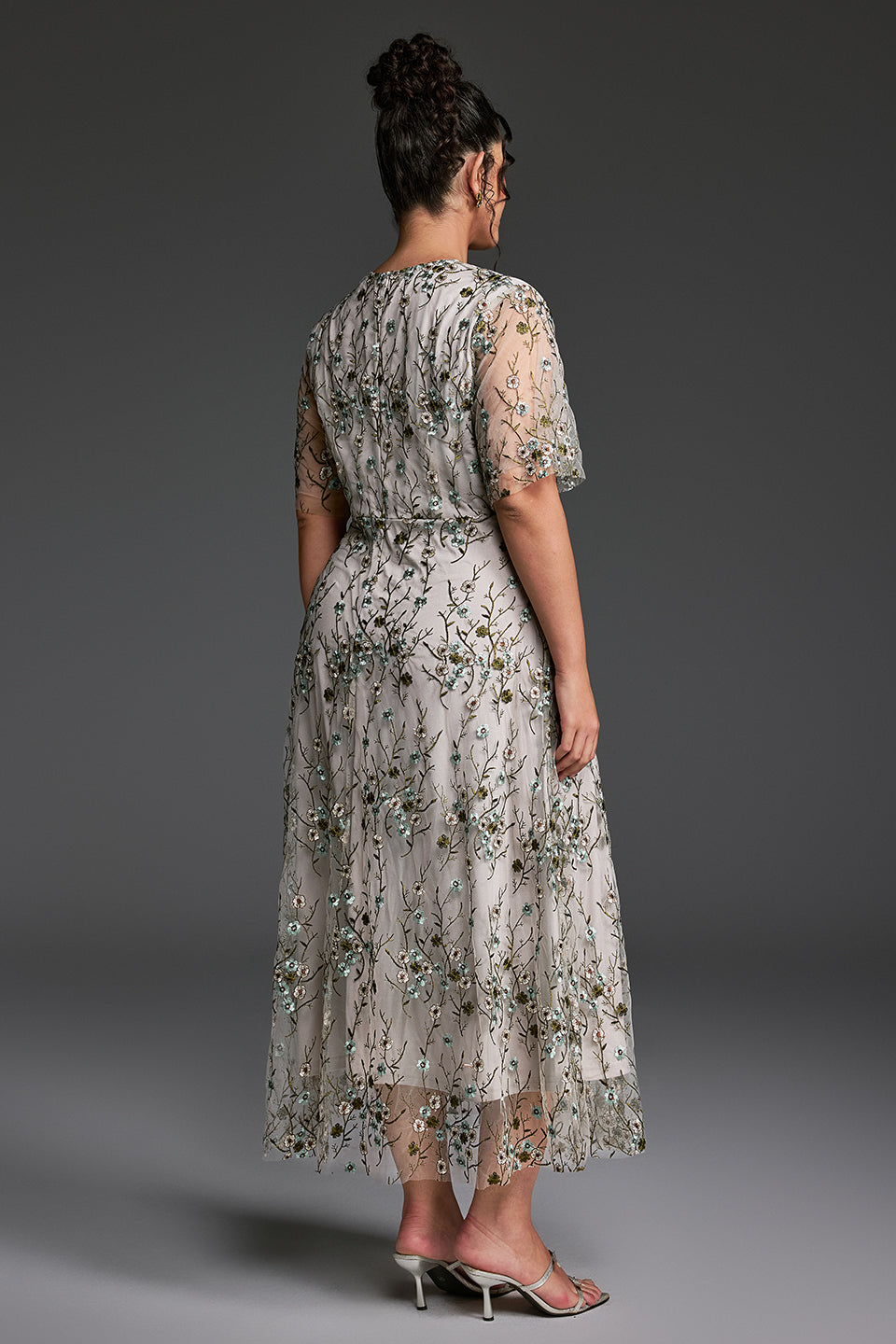 Curveins Plus Size V-Neck Ruffle Sleeve Embroidered Maxi Dress