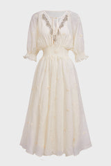 Curveins Plus Size V-Neck Embroidered Ruffle Hem Dress