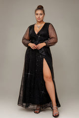Curveins Plus Size V-Neck Lantern Sleeve Split Waist Sequin Maxi Dress