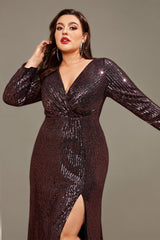 Curveins Plus Size V-Neck Long Sleeve Sequin Maxi Dress with Side Slit