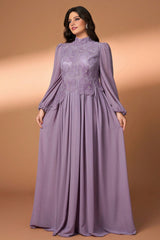 Curveins Plus Size High Collar Long Sleeve Beaded Floral Detail Elegant Maxi Dress