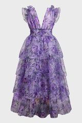 Curveins Plus Size V-Neck Sleeveless Floral Tiered Maxi Dress with Decorative Shoulder Detail