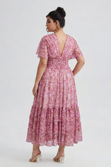 Curveins Plus Size Floral Smocked Waist Ruffle Sleeve Maxi Dress
