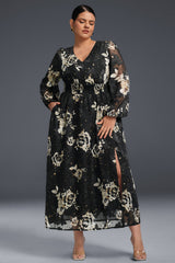 Curveins Plus Size V-Neck Long Sleeve Floral Slit Hem Maxi Dress