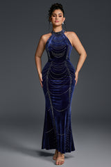 Curveins Plus Size Spaghetti Strap Sleeveless Chain Waist Bodycon Velvet Maxi Dress