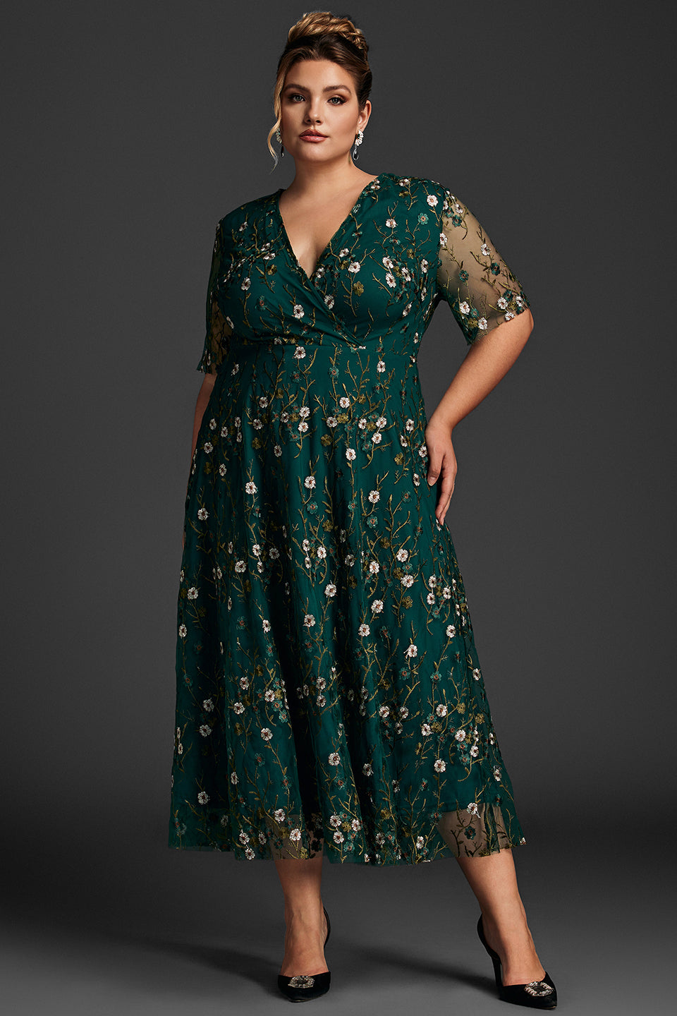 Curveins Plus Size V-Neck Ruffle Sleeve Embroidered Maxi Dress