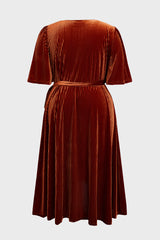 Curveins Plus Size Wrap V-Neck Belted Asymmetrical Hem Velvet Maxi Dress