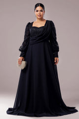 Curveins Plus Size V-Neck Long Sleeve Elegant Panel Maxi Dress