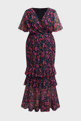 Curveins Plus Size V-Neck Batwing Sleeve Printed Maxi Dress with Ruched Detail