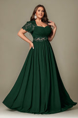 Curveins Plus Size Strapless Embroidered Short Sleeve Waist Cinch A-Line Maxi Dress