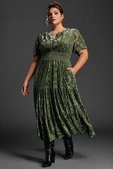 Curveins Plus Size Velvet V-Neck Ruched Dress