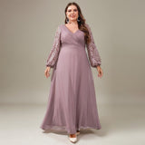Curveins Plus Size V Neck Lantern Sleeve Sequin Evening Maxi Dress