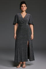 Curveins Plus Size V-Neck Ruffle Sleeve Maxi Dress