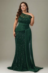 Curveins Plus Size One Shoulder Sleeveless Embroidered Sequin Patchwork Bodycon Maxi Dress