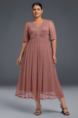 Curveins Plus Size V-Neck Short Sleeve Ruffle Hem Maxi Dress-Pink