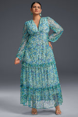 Curveins Plus Size Floral Print Lantern Sleeve Tiered Maxi Dress