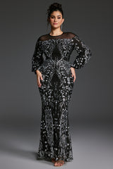 Curveins Plus Size Sheer Round Neck Puff Sleeve Patterned Sequin Bodycon Maxi Dress