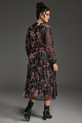 Curveins Plus Size Velvet V-Neck Lantern Sleeve Tiered Midi Dress