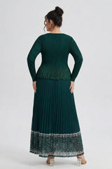 Curveins Plus Size Square Neck Long Sleeve Pleated Waist Maxi Dress