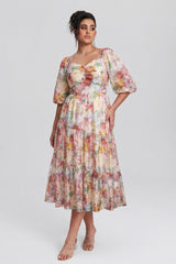 Curveins Plus Size V-Neck Flower Print Pleated Maxi Dress