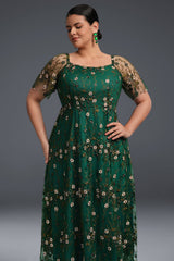 Curveins Plus Size Draped Collar Embroidered Ruffle Hem Maxi Dress