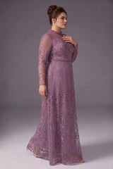 Curveins Plus Size Stand Collar Long Sleeve Floral Beaded Elegant Maxi Dress