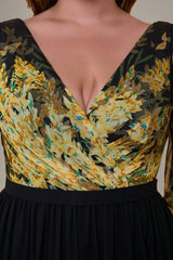 Curveins Plus Size V-Neck Floral Patchwork Maxi Dress with Flattering Flare Sleeves
