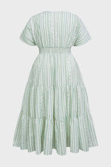 Curveins Plus Size V-Neck Striped Short Sleeve Pleated Maxi Dress