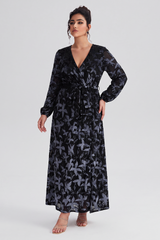 Curveins Plus Size V Neck Long Sleeve Maple Leaf Velvet Waist Tie Maxi Dress