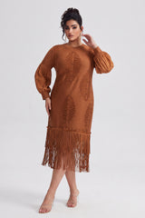 Curveins Plus Size Crew Neck Long Sleeve Stretch Fringe Hem Midi Dress