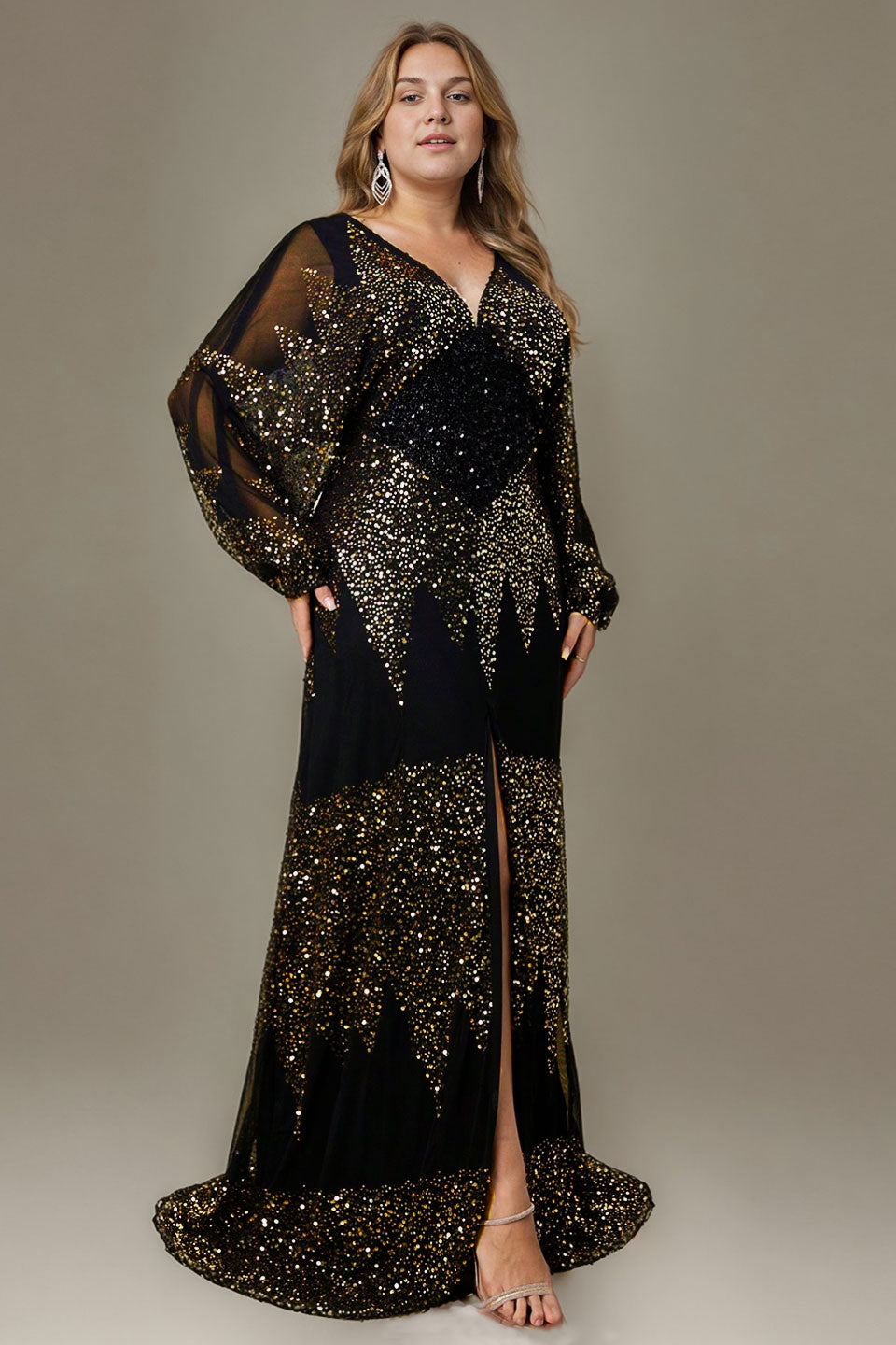 Curveins Chic Plus Size V-Neck Split Hem Sequin Lantern Sleeve Dress