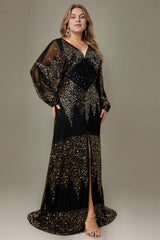 Curveins Chic Plus Size V-Neck Split Hem Sequin Lantern Sleeve Dress