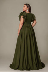 Curveins Plus Size V-Neck Ruffle Sleeve Split A-Line Maxi Dress