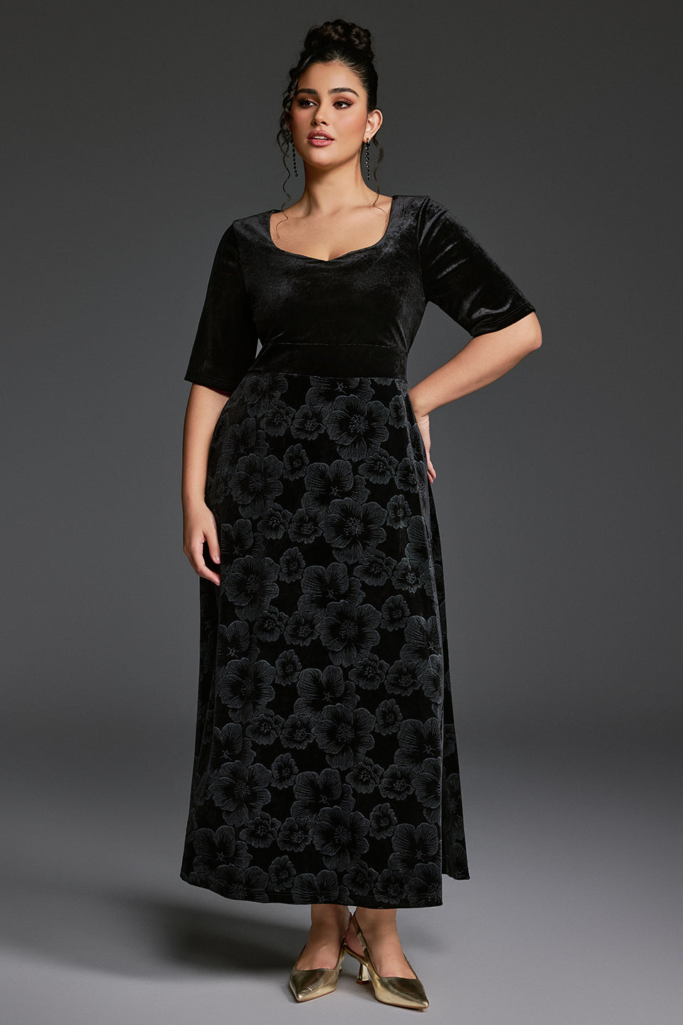 Curveins Plus Size V-Neck Long Sleeves Fitted Waist Floral Patchwork Maxi Dress