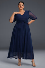 Curveins Plus Size V-Neck Short Sleeve Ruffle Hem Maxi Dress-Pink