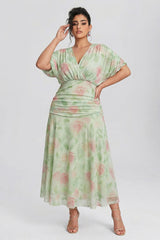 Curveins Plus Size V Neck Puff Sleeve Waist Defining Floral Print Elegant Maxi Dress