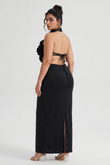 Curveins Plus Size Sexy Halter Neck Large Flower Fitted Back Slit Maxi Dress